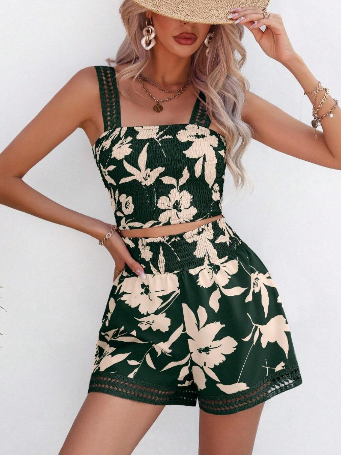 Smocked Printed Square Neck Top and Shorts Set