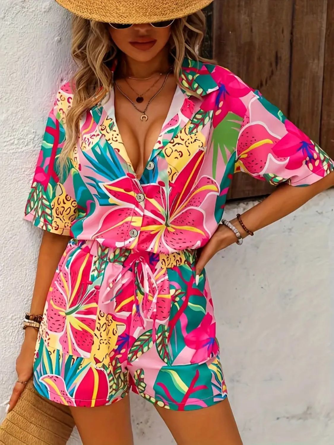 Printed Button Down Shirt and Shorts Set