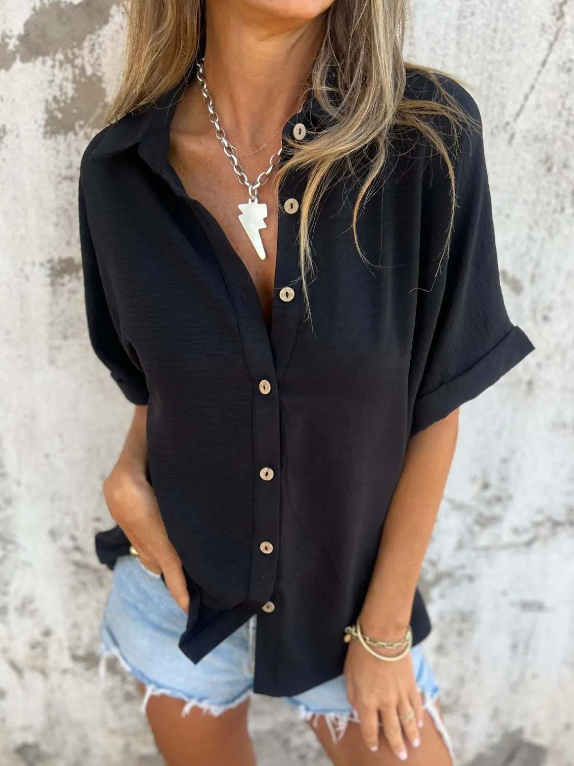 Full Size Collared Neck Half Sleeve Shirt Plus Size