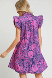 Umgee Full Size Printed Ruffle Cap Sleeve Babydoll Dress Plus Size