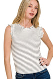 Zenana Ribbed Ruffle Trim Sleeveless Stripe Top