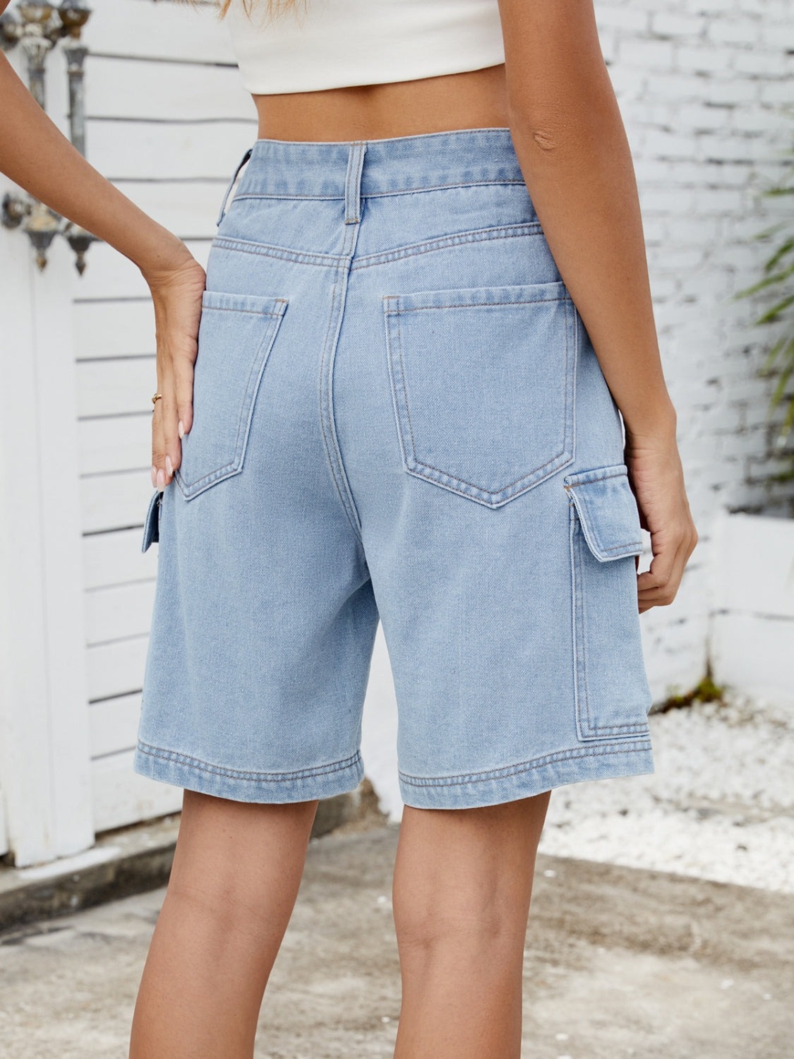 High Waist Denim Shorts with Cargo Pockets