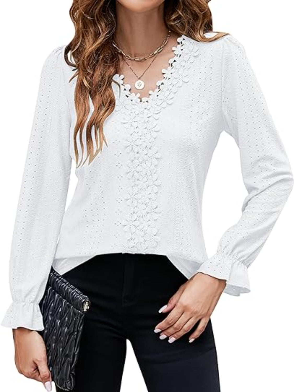 Lace Detail Eyelet V-Neck Flounce Sleeve Blouse