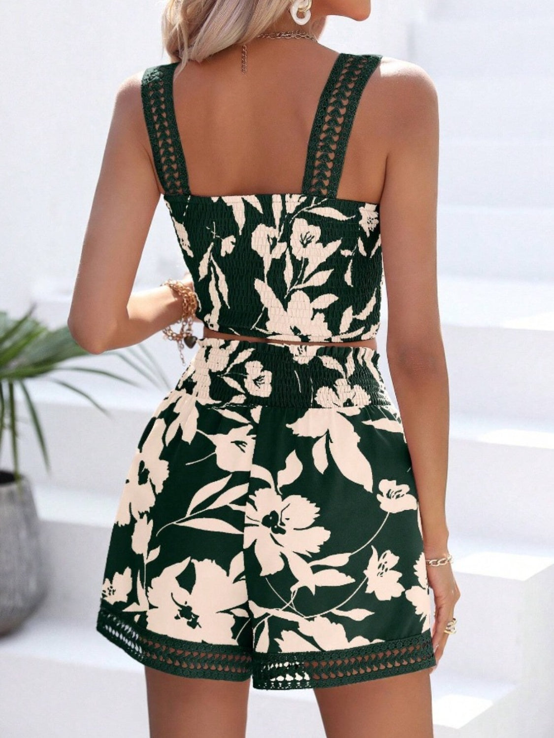 Smocked Printed Square Neck Top and Shorts Set