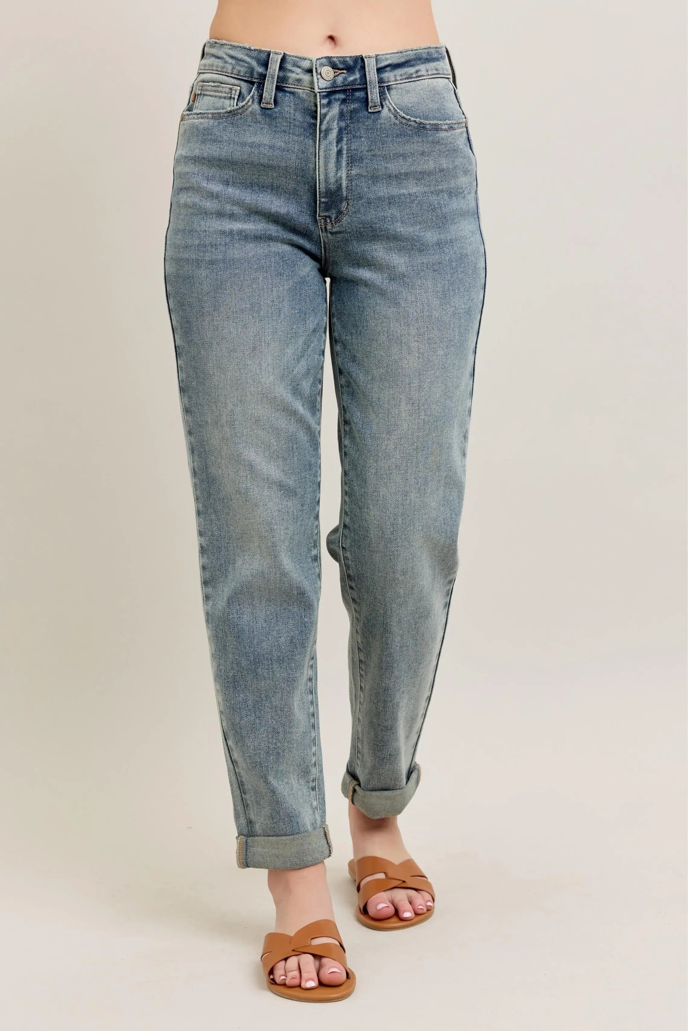 Judy Blue Full Size Hw Vintage Wash Double Roll Cuff Bf Jeans Plus Size