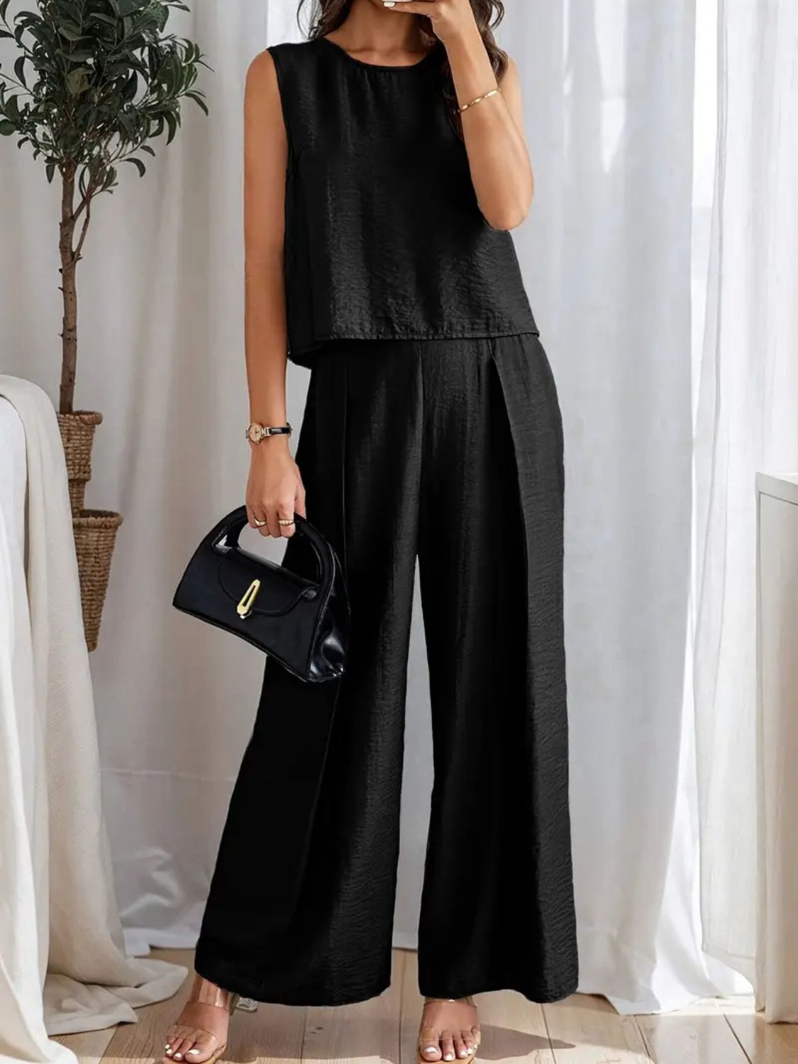 Round Neck Sleeveless Top and Wide Leg Pants Set