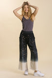 Umgee Full Size Raw Hem Linen Blend Bleach Dip Dye Wide Leg Pants Plus Size