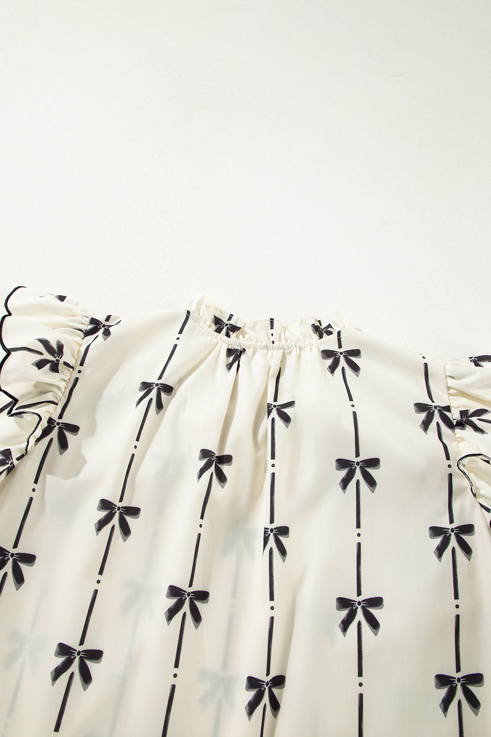 Bow Print Tie Neck Short Sleeve Blouse