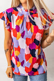 Frill Printed Mock Neck Cap Sleeve Blouse