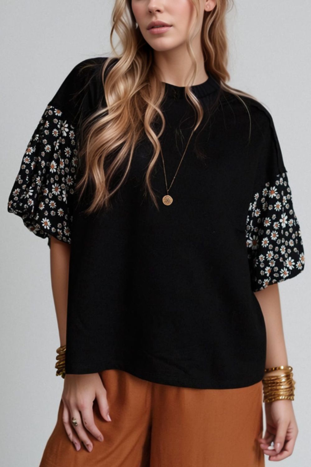 Contrast Floral Puff Sleeve Oversized Top